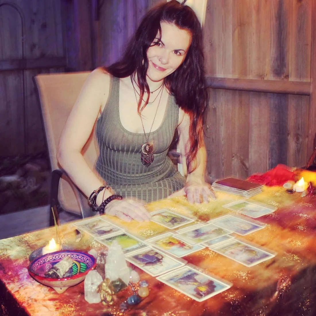 Artistic tarot card spread used in a Laughing Llama reading.