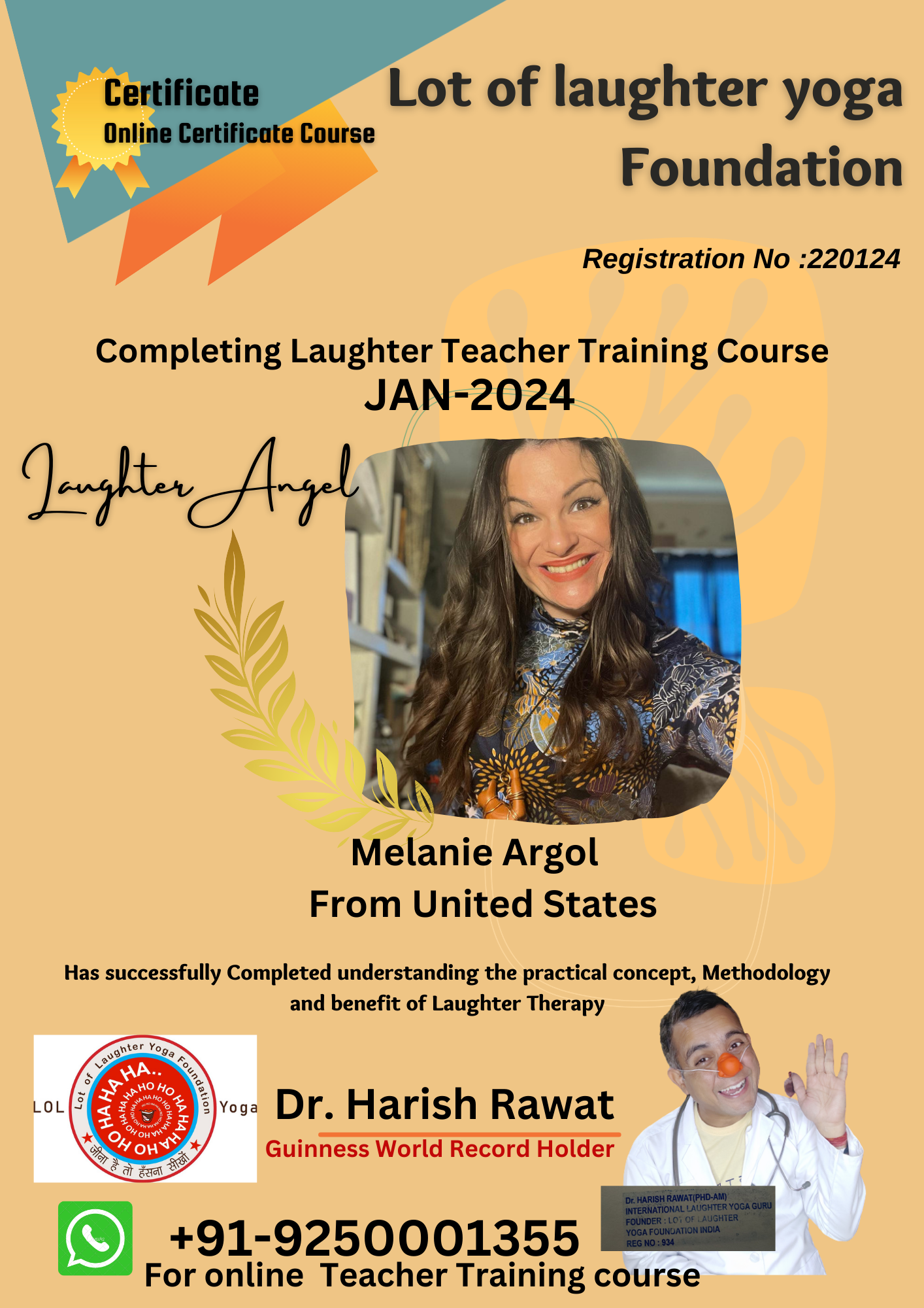 Mel’s laughter yoga certification supporting Laughing Llama workshops in Southeastern Wisconsin.